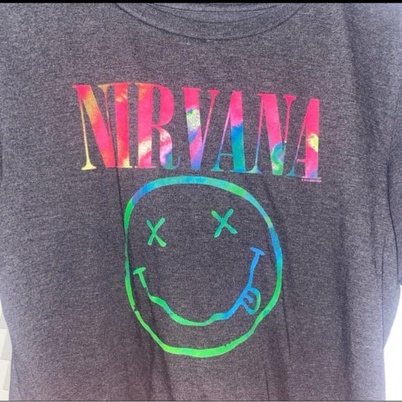 Women's Nirvana Licensed Dark Grey Heather Short Sleeve T-Shirt Tie Dye Logo XL - Picture 3 of 4
